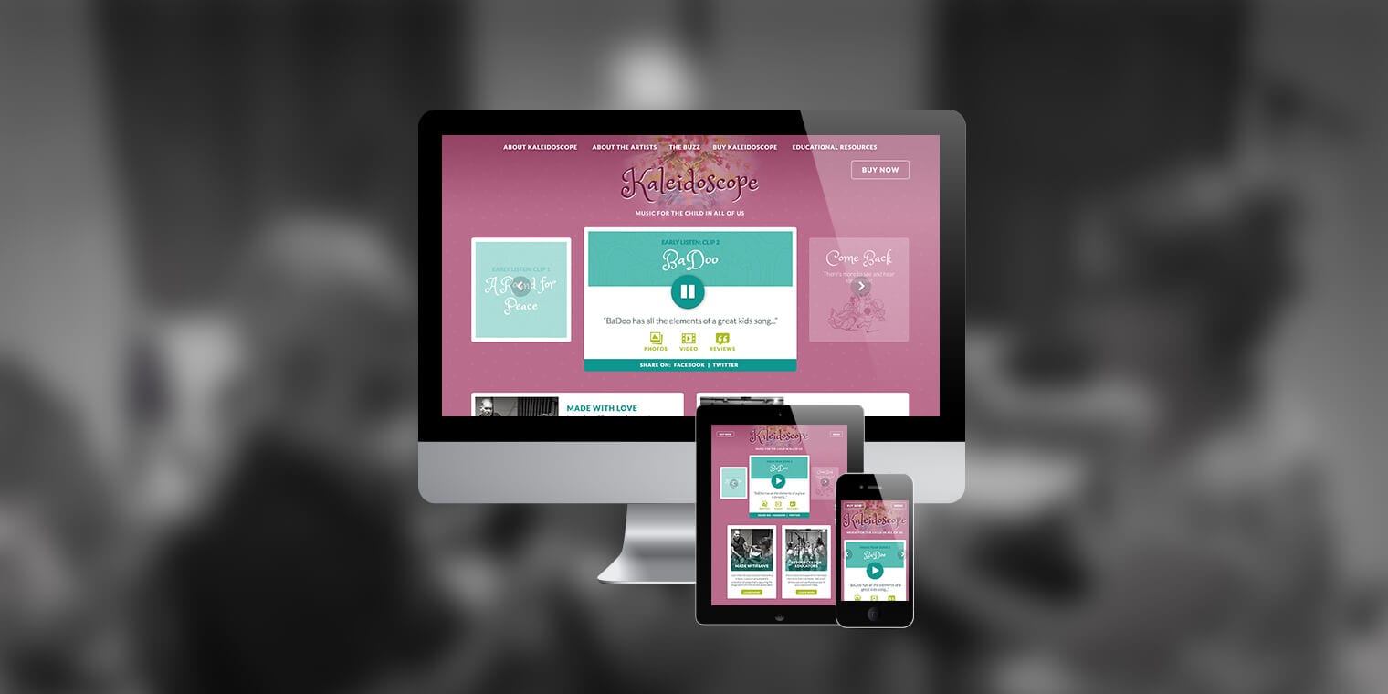 Kaleidoscope responsive website screenshots on desktop, tablet, and mobile